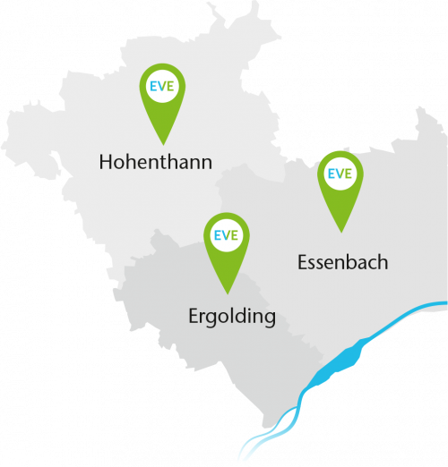 Karte des Versorgungsgebiets der EVE Erdgas.